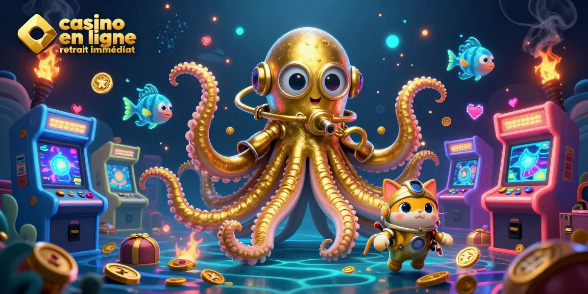 Illustration dynamique de casino en ligne retrait immédiat, avec un kraken géant, un chat plongeur et des éléments de jeu lumineux.