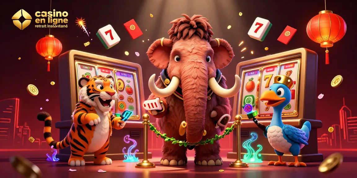 Illustration d'un casino en ligne avec retrait instantané, avec un mammouth gardien, un tigre VIP et un oiseau dodo dans une ambiance festive.