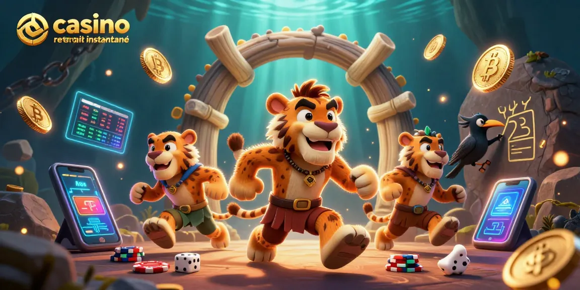 Visualisation de casino en ligne avec retrait instantané, mettant en scène un duo préhistorique ludique et des éléments de jeu modernes.