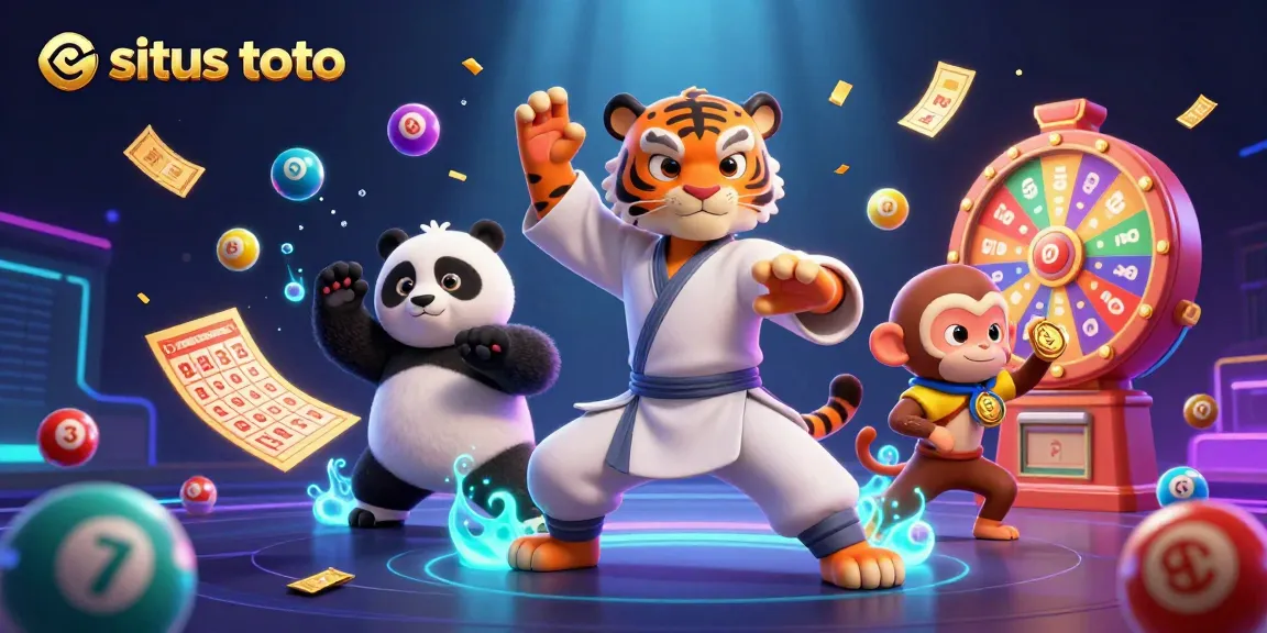 Engage with situs toto as a playful kung fu tiger and panda disciple interact amidst colorful lottery elements.