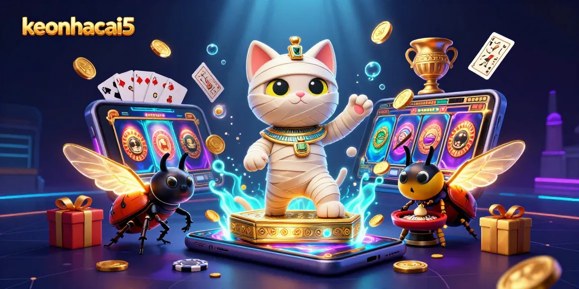 Engage with keonhacai5 as the Egyptian mummy cat and scarab beetle interact with vibrant casino elements.