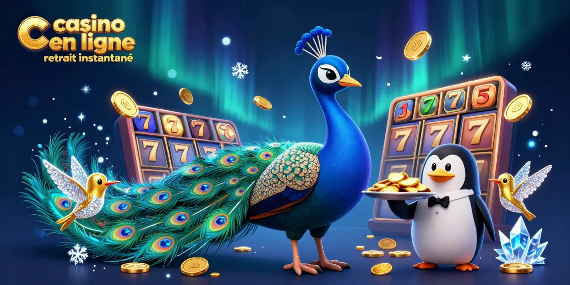 Gagnez avec casino en ligne retrait instantané - scène captivante d'un paon aristocratique avec un pingouin porteur de jetons dorés et un colibri enchanté.