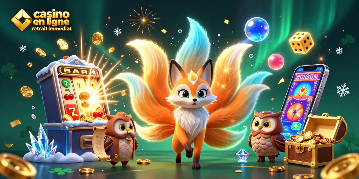 Casino en ligne retrait immédiat avec un renard à neuf queues et une chouette, entourés de machines à sous et de pièces d'or.