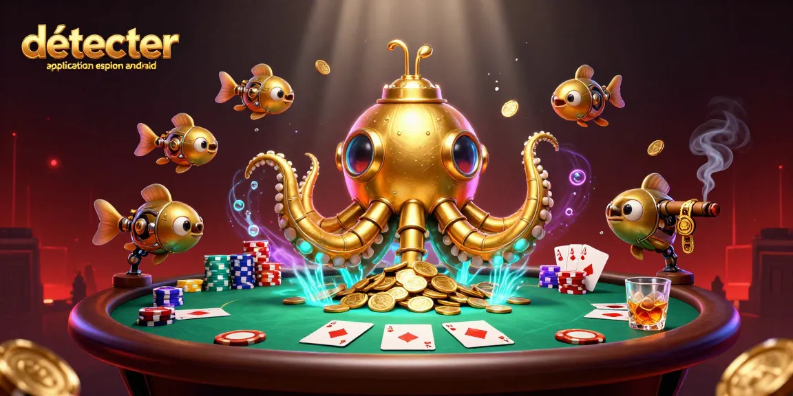 Détecter application espion android avec un kraken sous-marin et des poissons mécaniques tout en jouant aux cartes dans une mer de pièces d'or.