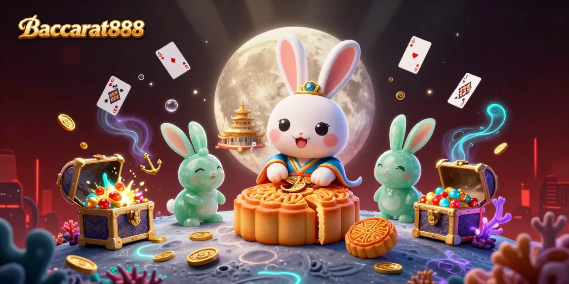 Baccarat888 offers a rich experience with vibrant moon rabbit scene filled with poker chips and playing cards amidst dynamic casino elements.