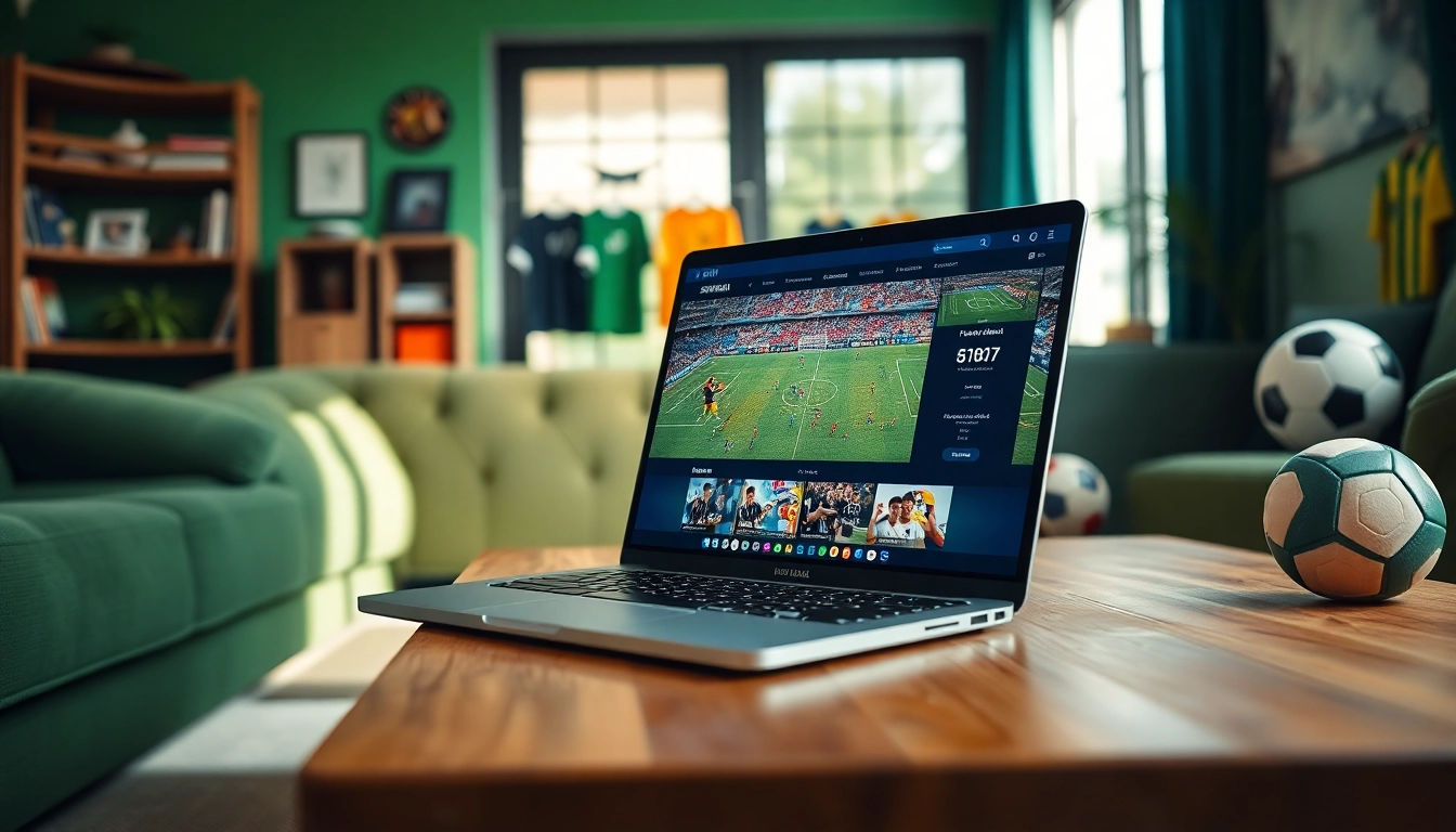 Menyaksikan pertandingan sepak bola melalui bolakami apk di laptop di ruang santai yang nyaman.