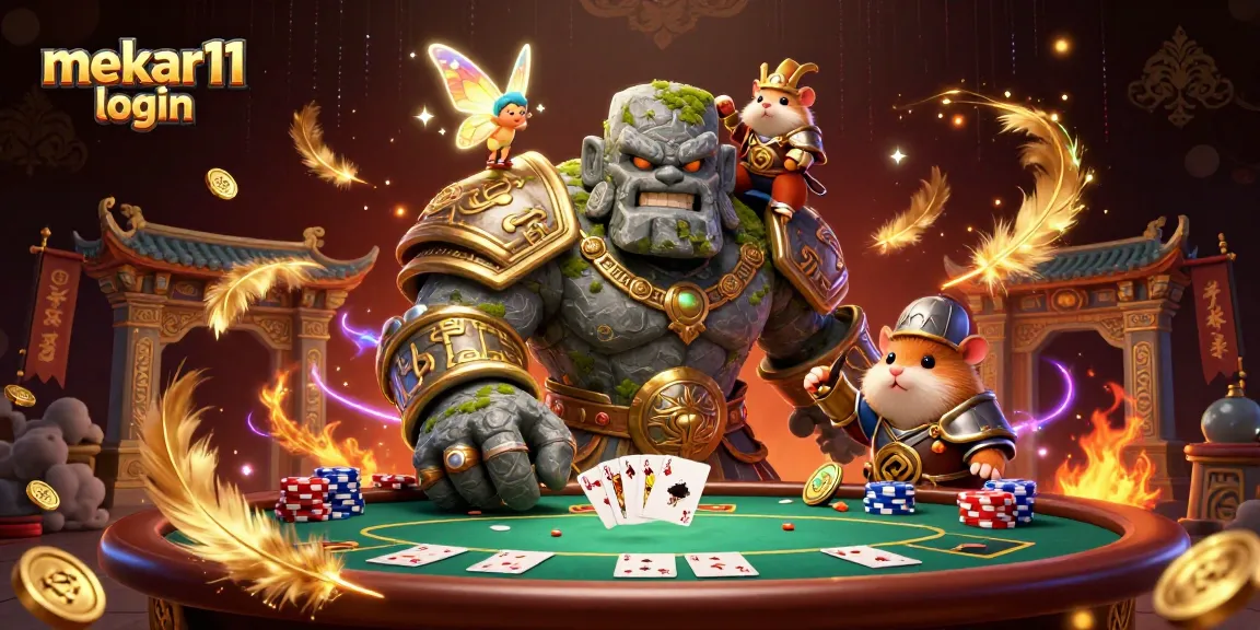 Experience the excitement of mekar11 login at a lively poker table, with characters and casino elements.