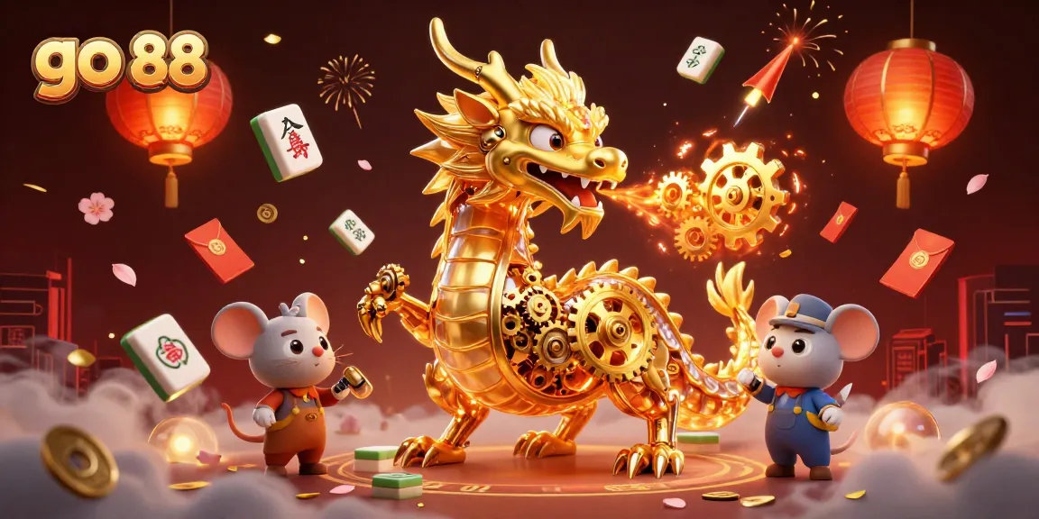 Engage with go 88's exciting casino offerings featuring a golden dragon amidst vibrant game elements.