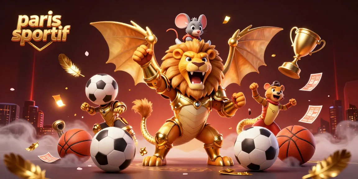 Faites des paris sportifs sur une illustration cartoon dynamique avec des trophées et des ballons de sport.