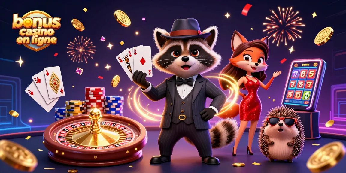 Gagnez avec les bonus casino en ligne, mettant en scène un raton laveur en costume et une renarde dans une ambiance festive.