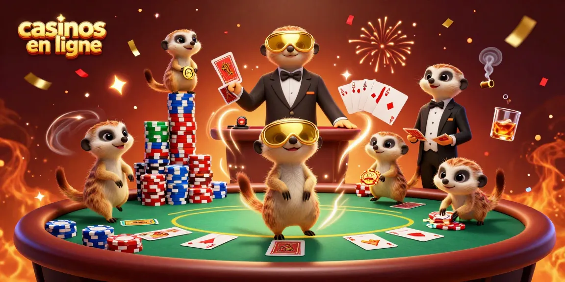 Les casinos en ligne offrent une expérience immersive avec des meerkats dans une scène de jeu animée, entourés de jetons et de cartes.