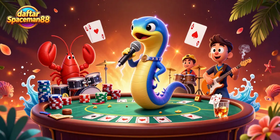 Experience excitement with daftar spaceman88 and vibrant casino illustration featuring cartoon characters and poker elements.