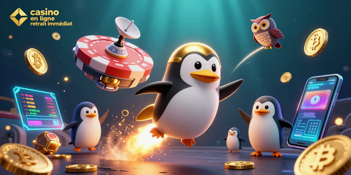Profitez du casino en ligne retrait immédiat avec une illustration dynamique de jeux et crypto-monnaies.