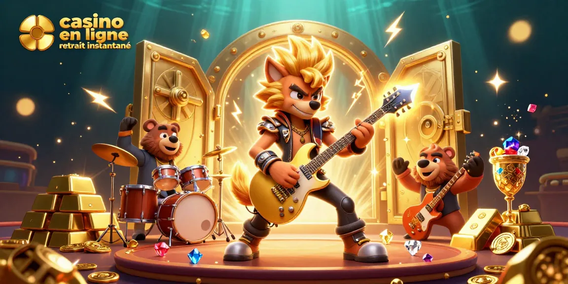 Illustration dynamique d'un casino en ligne avec un wolf rock star et un ours batteur, en retrait instantané.