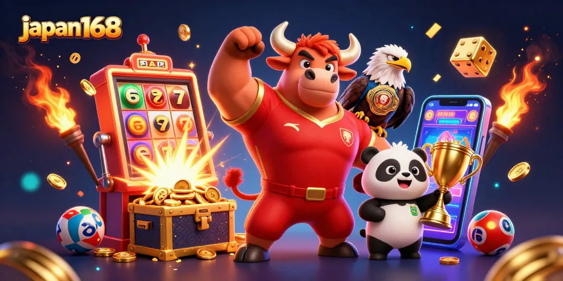 Win with japan168 - A vibrant 3D scene featuring dynamic gaming elements and cheerful characters celebrating jackpots.