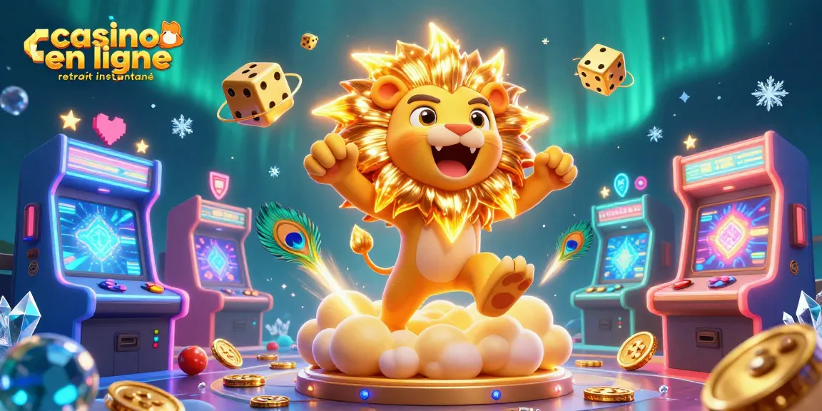 Visualisez le casino en ligne retrait instantané avec un lion majestueux et des dés dorés représentant la chance.