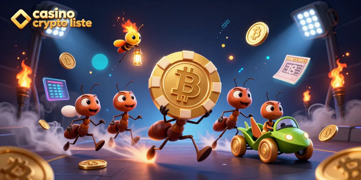 Illustration dynamique d'une équipe d'ants en pleine action dans un casino crypto liste, transportant une puce dorée.