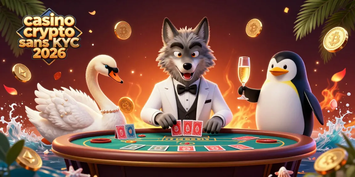Illustration dynamique représentant un casino crypto sans KYC 2026 avec un loup débonnaire, un cygne et un pingouin sommelier.