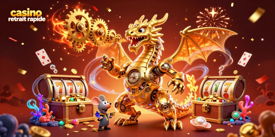 Casino retrait rapide : dragon doré et trésors dans une illustration dynamique.
