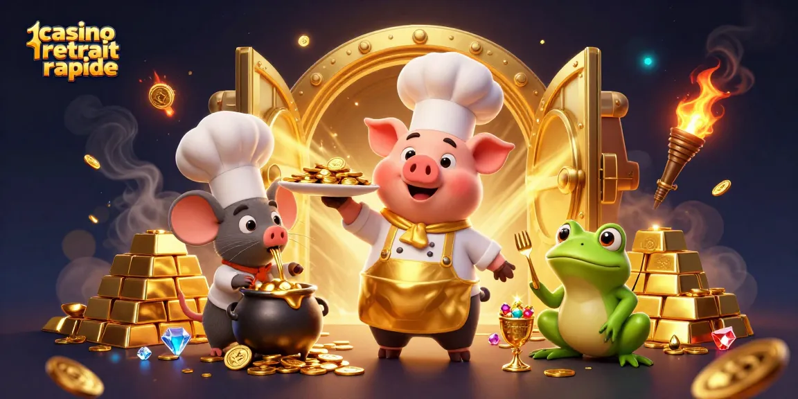 Illustration 3D de casino montrant un pig chef servant des pièces d'or, illustrant un retrait rapide.
