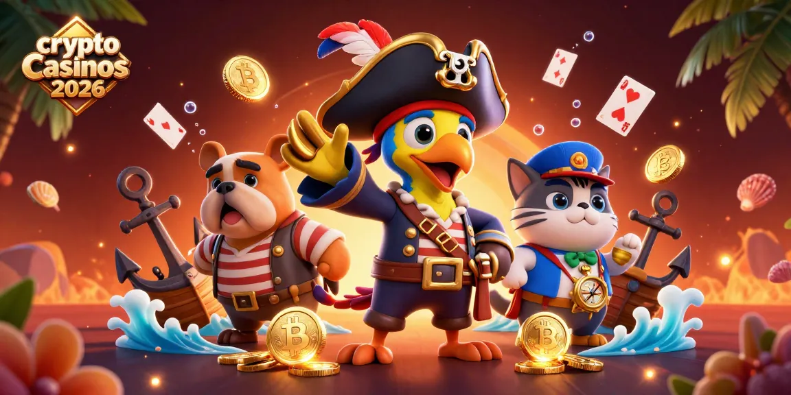 Les meilleurs crypto casinos 2026 illustrés avec un pirate, un bulldog et un chat, entourés de pièces et de jeux.