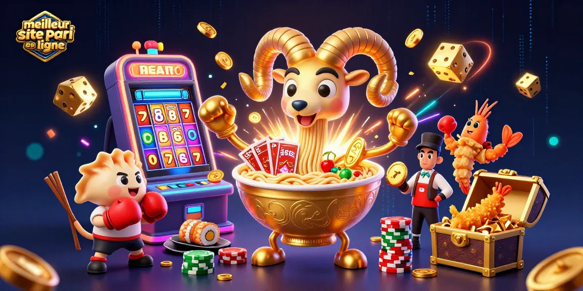 Illustration dynamique du meilleur site de paris en ligne avec un bol de ramen géant, des cartes, et des jetons de casino.
